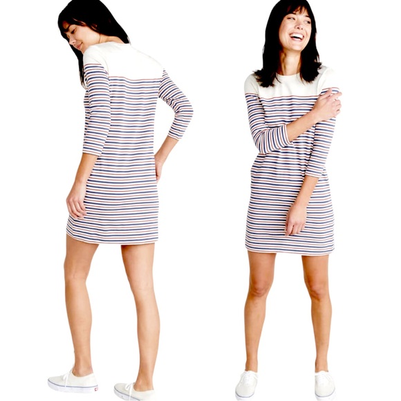 Marine Layer size small cream mini dress blue & red stripes 3/4 sleeve & pockets - Picture 3 of 16